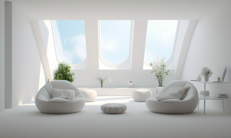 a room with white furniture and windows